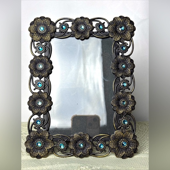 Papyrus 5 X 7 Floral Metal‎ Picture Frame W/ Blue Rhinestones Intricate Design - Picture 1 of 12